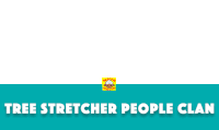 a blue banner with white text that says tree stretcher people clan