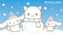 three cinnamon rabbits and a cat are standing next to each other in the snow