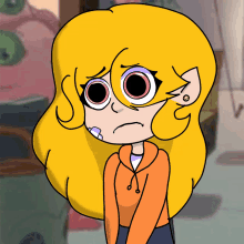 a cartoon drawing of a girl with yellow hair and big eyes