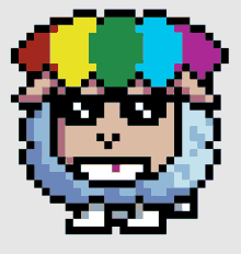 a pixel art of a sheep with sunglasses and a rainbow hair