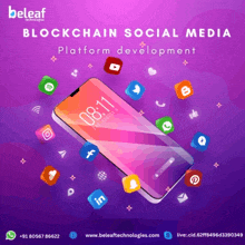 an advertisement for blockchain social media platform development shows a cell phone surrounded by social media icons