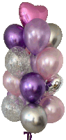 a bunch of pink purple and silver balloons with a pink heart shaped balloon in the middle