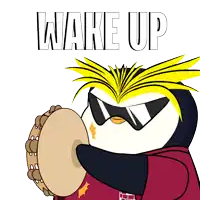 a penguin wearing sunglasses and holding a tambourine with the words wake up above him