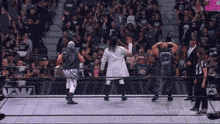 a group of wrestlers are standing in a ring that says aew on the side