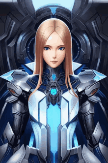 a girl with long blonde hair is wearing a futuristic suit of armor