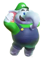 a cartoon character is wearing a green hat and overalls and holding a can of soda .