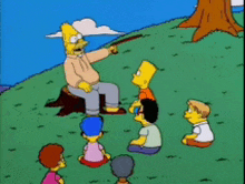 bart simpson is sitting on a tree stump teaching a group of children