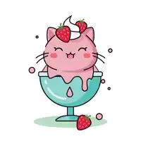 a cat is sitting in a bowl of ice cream with strawberries on top