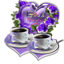 two cups of coffee on a saucer with purple flowers and a heart that says good morning