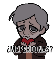 a cartoon of a man holding a red heart with the words me perdonas written below him