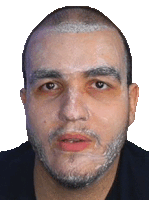 a man with a shaved head and a beard is looking at the camera with a white foam on his face .