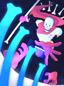 a cartoon drawing of papyrus with a red cape and blue swords