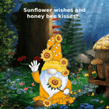 a picture of a gnome with sunflowers on his head and the words sunflower wishes and honey bee kisses below him