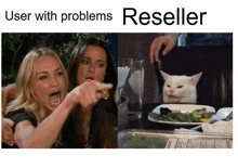 a woman pointing at a cat and the words user with problems reseller