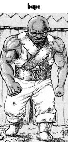 a black and white drawing of a muscular man with the word bape on the bottom