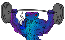 a cartoon drawing of a lizard lifting a barbell with a pipe