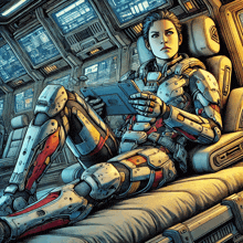 a woman in a futuristic suit is sitting on a couch reading a tablet