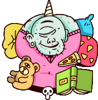 a cartoon drawing of a monster holding a teddy bear a pizza and a book