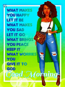 a good morning card with a woman in a green jacket