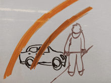 a drawing of a man and a car with orange lines