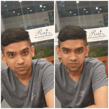 two pictures of a man sitting in front of a sign that says raj