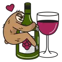 a cartoon of a sloth hugging a bottle of wine and a glass of wine