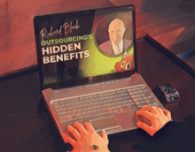 a person is typing on a laptop that says richard blank outsourcing 's hidden benefits on the screen