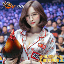 a woman holding a rooster with sv38 museum bola written on the bottom