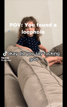 a little girl sitting on a couch with a caption that says okay did you say fucking god