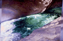 a painting of a river flowing through a rocky area