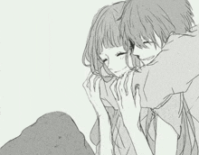 a black and white drawing of a boy and girl hugging