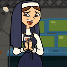 a cartoon nun with a name tag that says gone on it