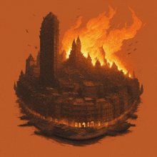 a drawing of a burning city with the letters aa on the bottom left