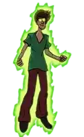 a cartoon character is standing in front of a green glow