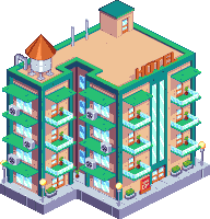 a pixel art rendering of a hotel with lots of balconies