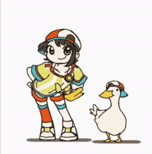 a cartoon of a girl standing next to a duck .