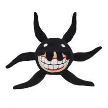 a stuffed animal with horns and a big smile on it 's face