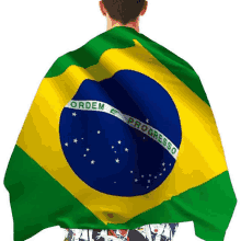 a man is wearing a green and yellow flag with the words ordem e progresso on it