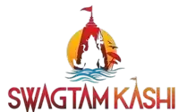 a logo for a company called swagtam kashi with a temple in the middle of the ocean