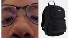 a picture of a person wearing glasses next to a picture of a backpack