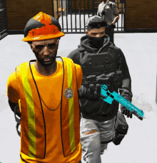 a man wearing a hard hat is being escorted by a man wearing a safety vest