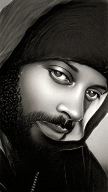 a black and white drawing of a man with a beard and a hood