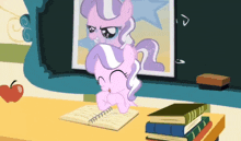 a cartoon of a pony sitting at a desk with books