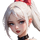 a girl with white hair and a red bow in her hair is wearing a choker .