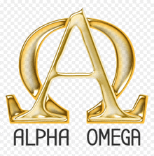 a gold omega symbol with the words alpha omega below it