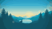 a silhouette of a deer standing in front of a lake with mountains in the background