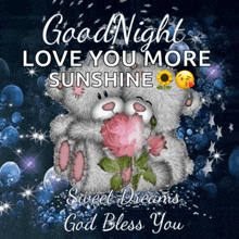 a teddy bear holding a pink rose with the words good night love you more sunshine sweet dreams god bless you on the bottom