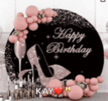 a happy birthday sign with pink balloons and high heels