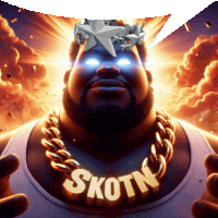 a cartoon of a man with a necklace that says skotn