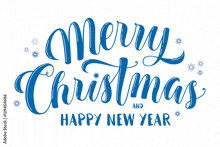 blue merry christmas and happy new year lettering with snowflakes on a white background